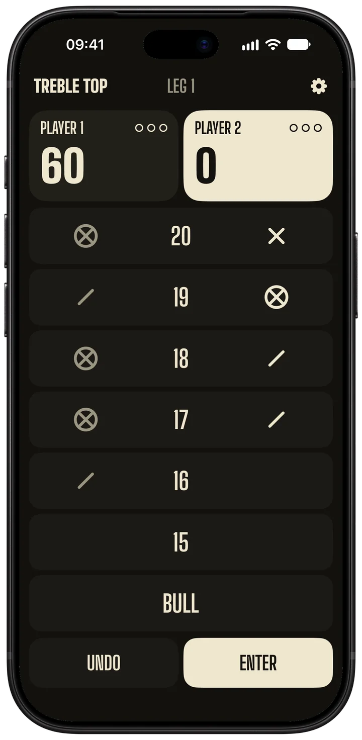 A game of Cricket, with each number's marks for both players
