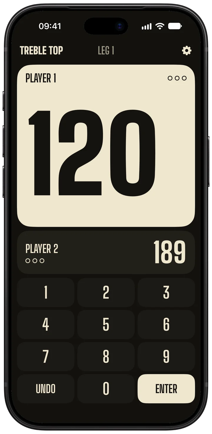 Treble Top on an iPhone during a match, with the score left in large numerals on the cream card